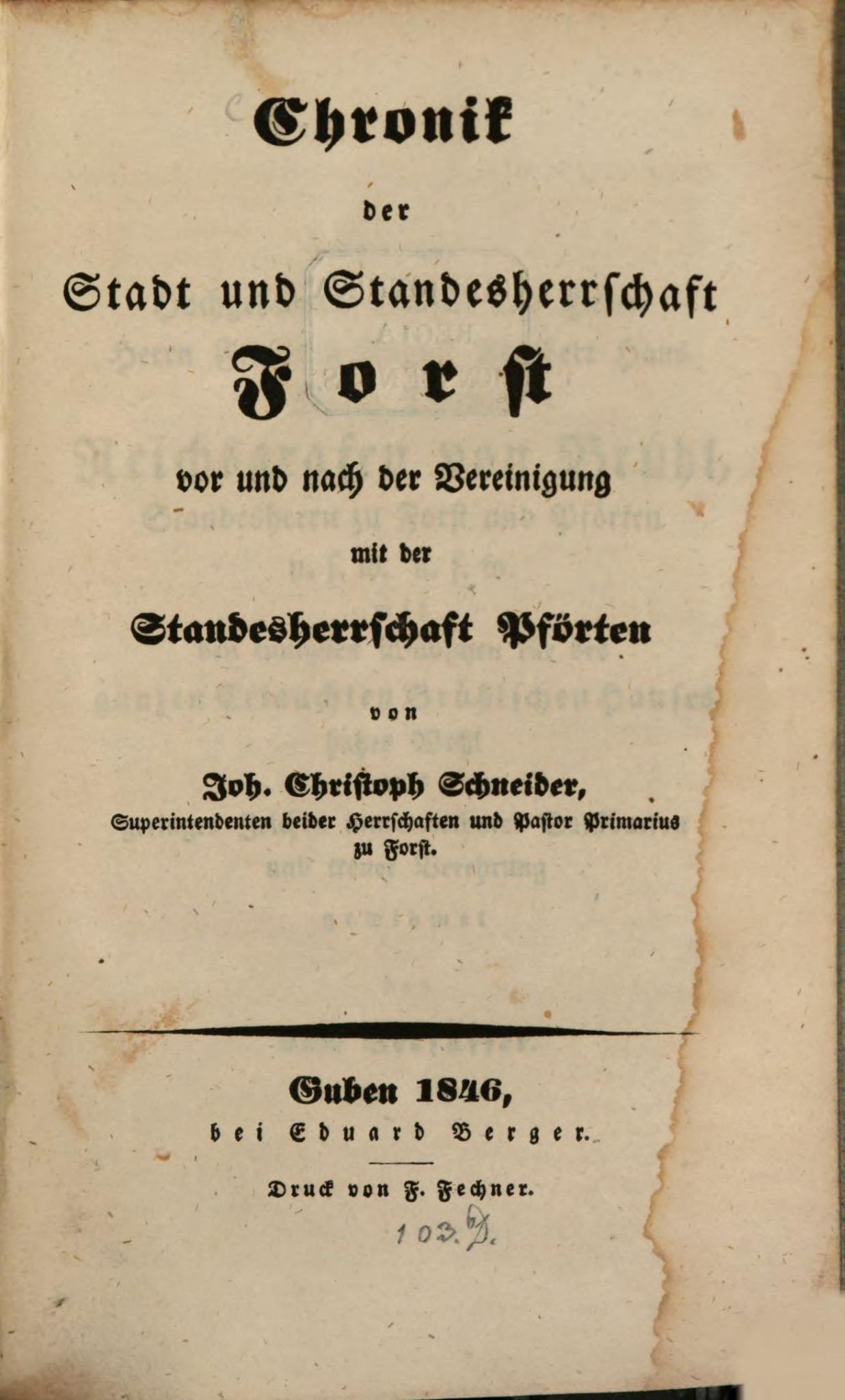 Titelblatt der Chronik der Stadt und Standesherrschaft Forst von Johann Christoph Schneider, Guben 1846