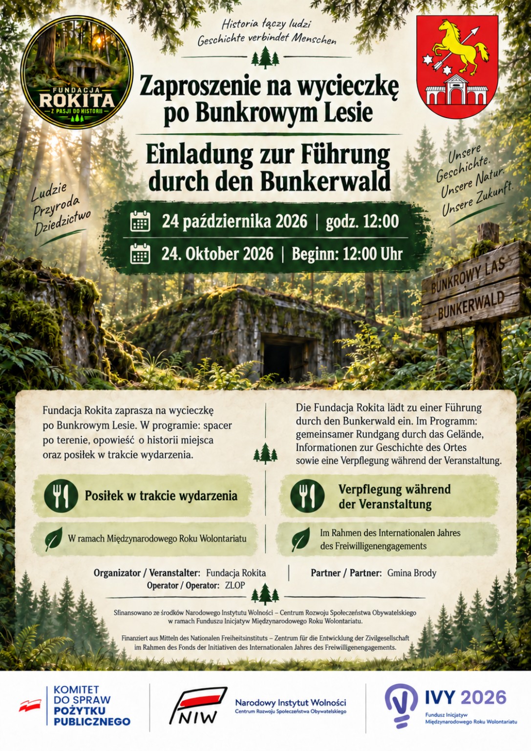 Zweisprachiges polnisch-deutsches Plakat: Führung durch den Bunkerwald am 24. Oktober 2026 um 12:00 Uhr
