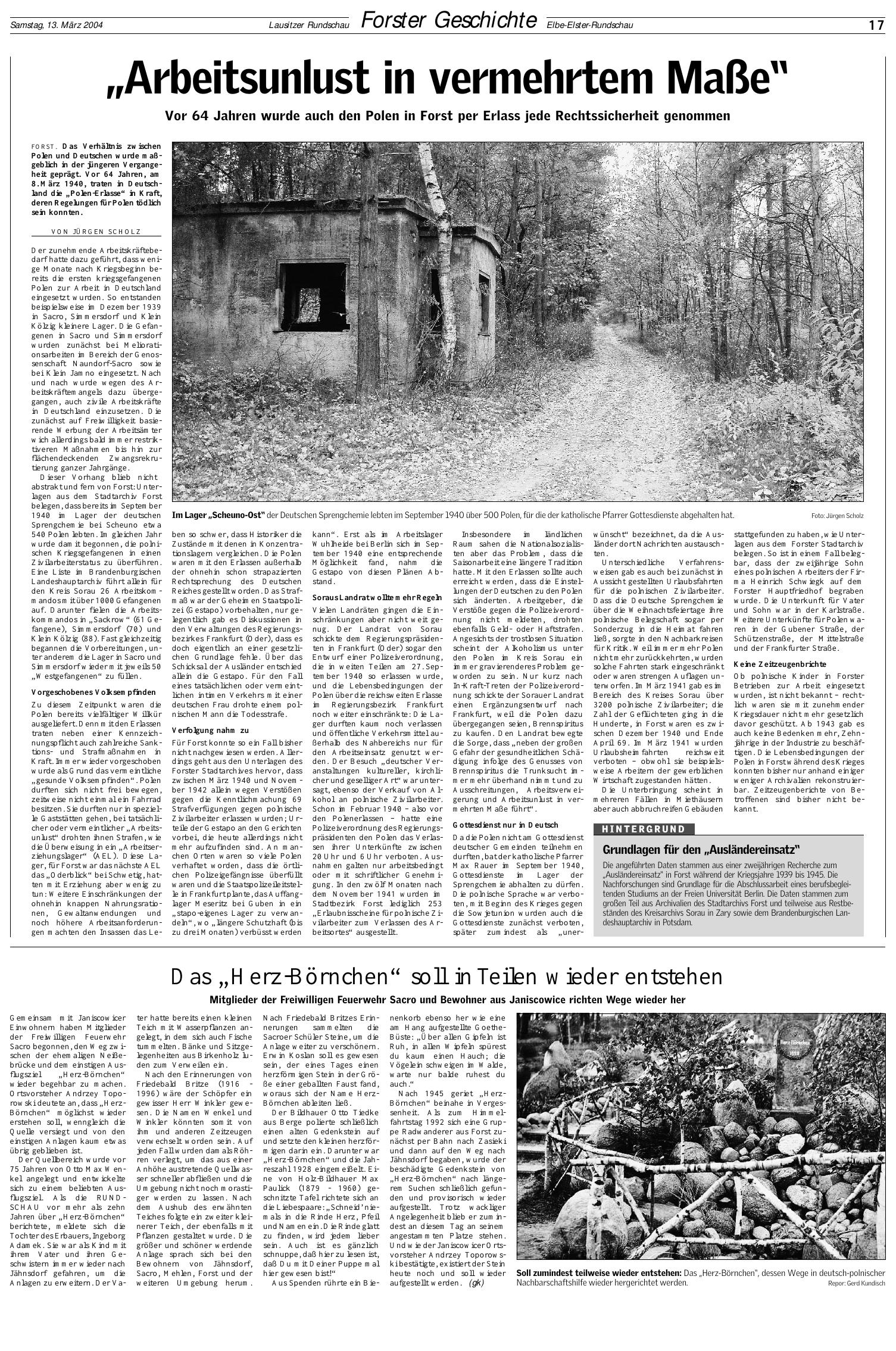 Seite aus der Studie von J. Scholz: Artykuł Jürgena Scholza z fotografią pozostałości zakładu / article with site photograph